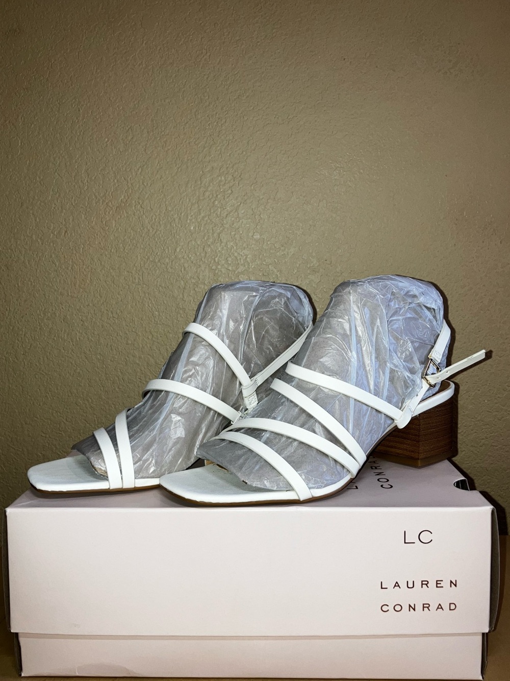 LC Lauren Conrad White Multi-Strap Block Heel Sandals